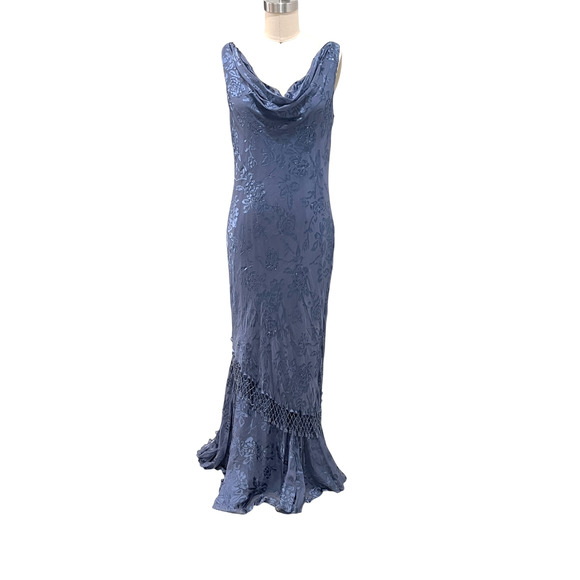 Vtg Alex Evening's Y2K 90s Bias Cut Silk Blend Beaded Blue Long Dress Size 12 - Picture 1 of 8